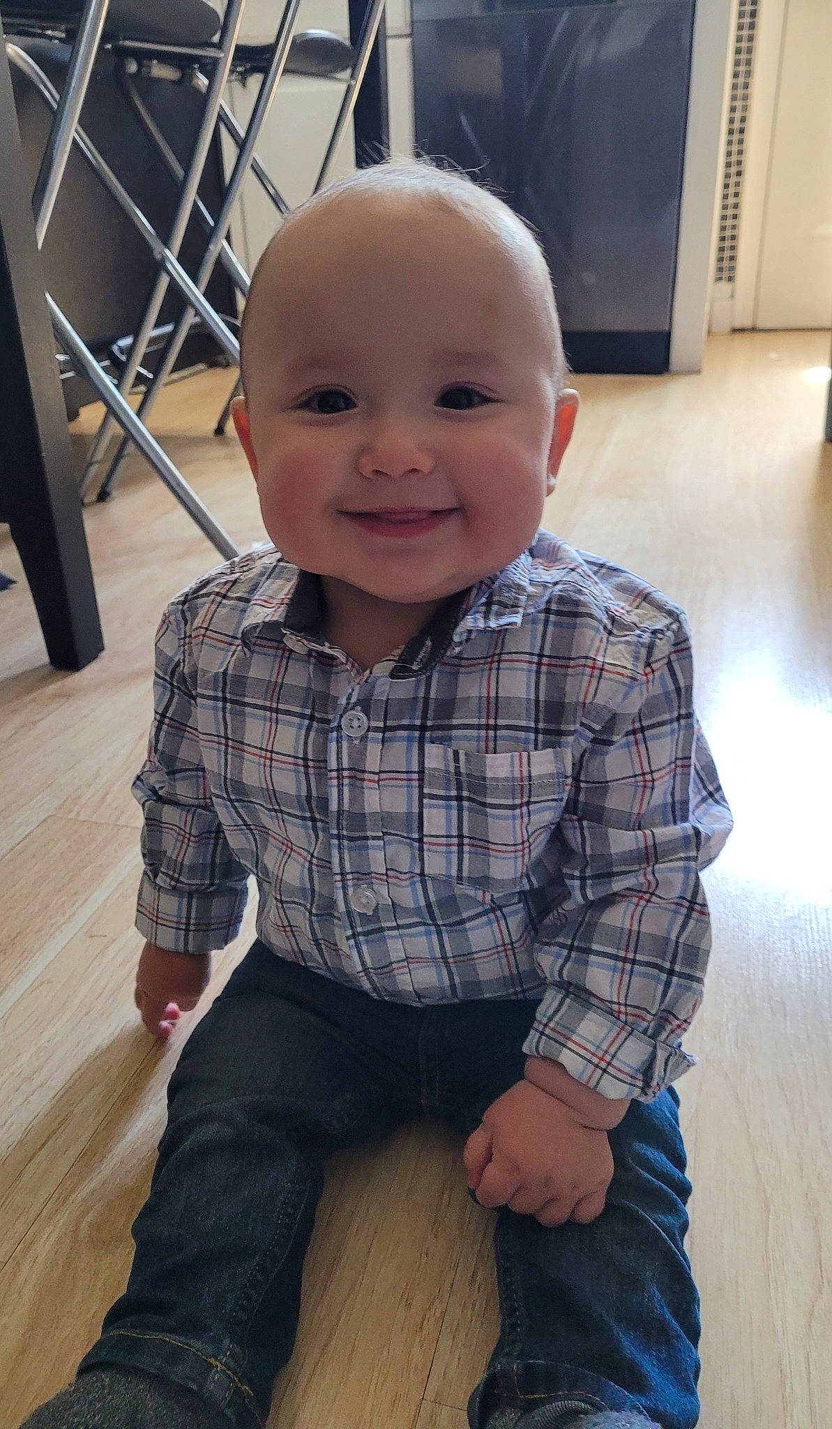 Darian joined the competition — help win amazing prizes! baby, baby_toddler_clothing, cheek, clothing, collar, dress_shirt, eye, flooring, happy, hardwood, human_body, iris, joy, person, plaid, skin, sleeve, smile, standing, tartan