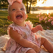 Brenzlei is registered to the contest to win money with this photo: baby, blanket, child, dress, floral_dress, flowers, garden, golden_hour, grass, happy, infant, lake, laughing, outdoor, pink_bow, portrait, sitting, smiling, sunset, water