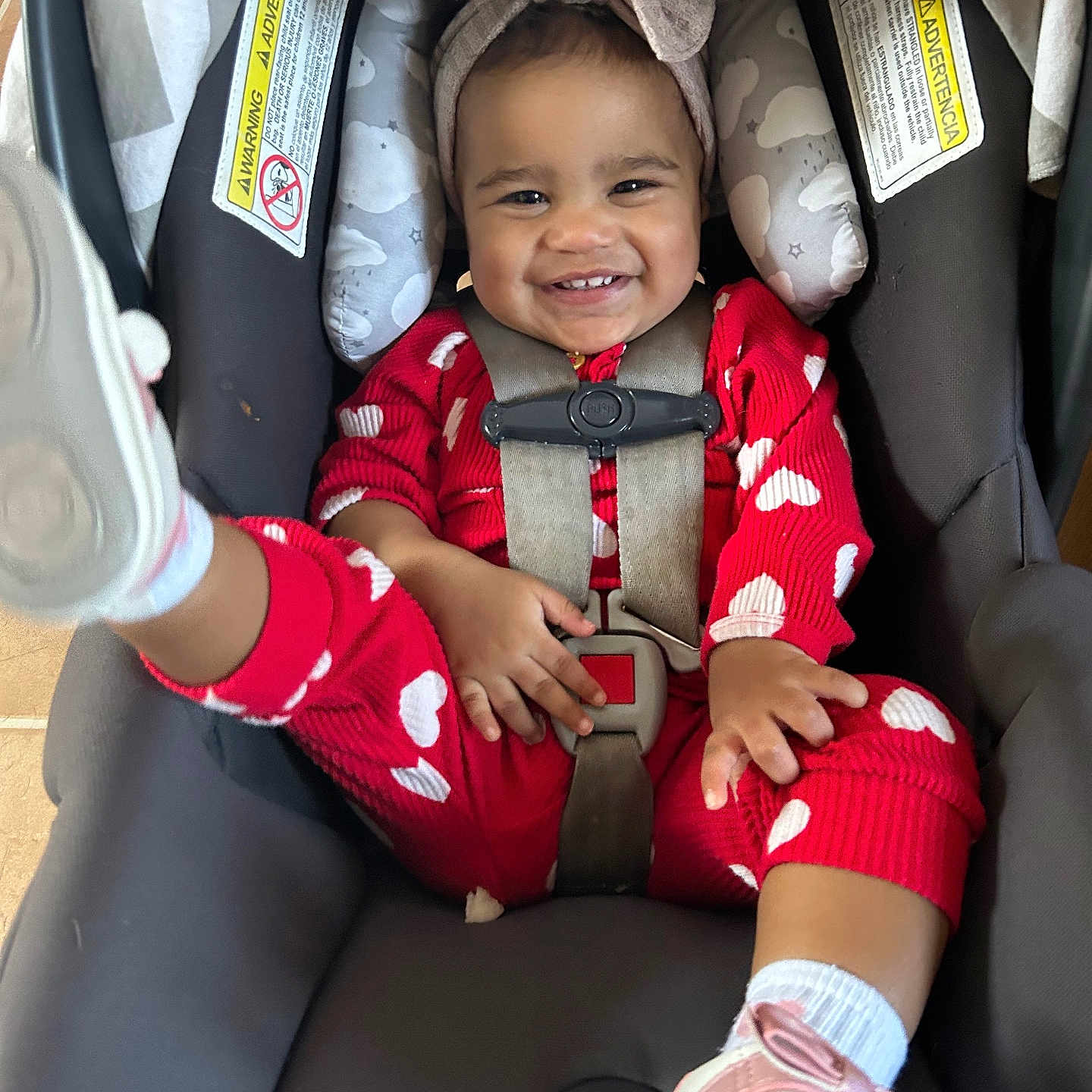 Cienna joined the competition — help win amazing prizes! baby, babylaughing, car, car_interior, carseat, clothing, coat, face, footwear, glove, happy, head, jacket, person, photography, portrait, shoe, smile, transportation, vehicle