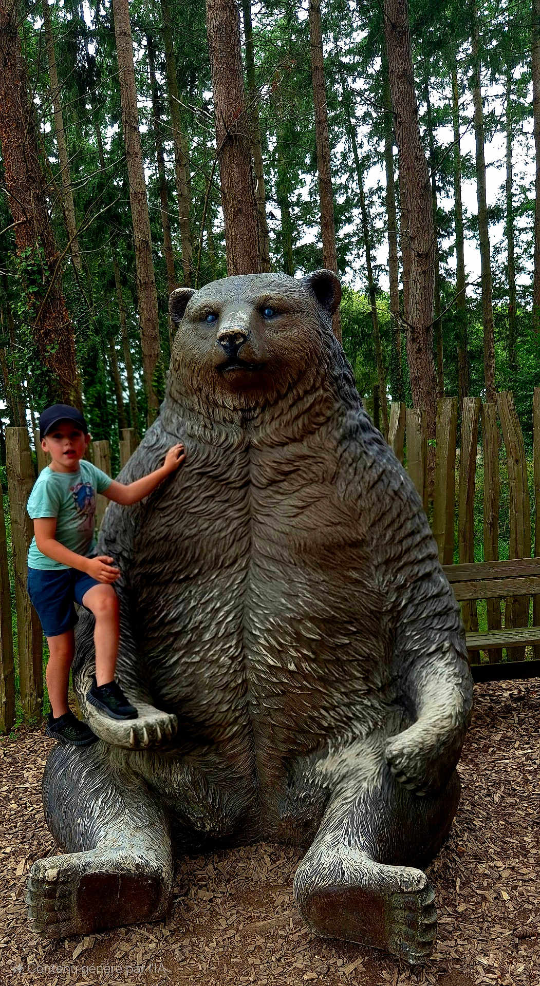 Enzo a rejoint le concours — aidez-le/la à gagner de superbes lots ! child, boy, statue, bear, forest, trees, wooded_area, outdoor, nature, summer, cap, shorts, tshirt, fence, bench, playground, park, footwear, expression, daytime