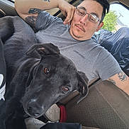 Midnight is registered to the contest to win money with this photo: man, dog, black_dog, glasses, tattoos, car_interior, car_seat, casual_clothing, window, outdoor, vehicle, pet, companion, relaxed, portrait, closeup, animal, friendship, looking, indoors