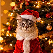 Aslan participe au concours pour gagner de l'argent avec cette photo : cat, santa_hat, christmas_tree, holiday, festive, ornaments, lights, red, white, fur, pet, animal, celebration, winter, decoration, indoor, cute, fluffy, costume, christmas