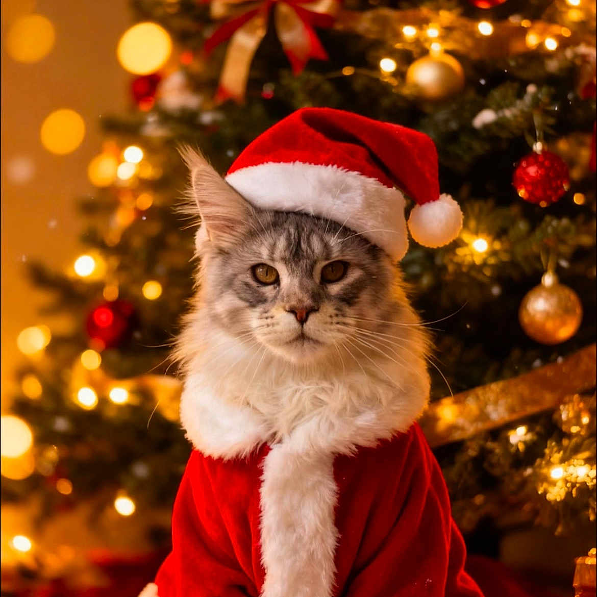Aslan participe au concours pour gagner de l'argent avec cette photo : animal, cat, celebration, christmas, christmas_tree, costume, cute, decoration, festive, fluffy, fur, holiday, indoor, lights, ornaments, pet, red, santa_hat, white, winter