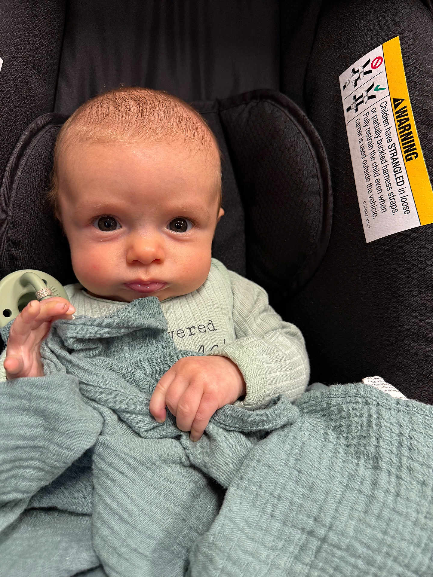 Kyson is registered to the contest to win money with this photo: baby, infant, car_seat, blanket, clothing, face, hand, expression, portrait, child, seat, warning_label, indoor, person, cute, closeup, sitting, soft_texture, young, curious