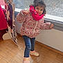 Anehyra participe au concours pour gagner de l'argent avec cette photo : child, girl, window, indoor, scarf, jacket, jeans, boots, floor, cardboard_cutout, anime_character, playful, posing, smiling, pink, floral, wooden_floor, rainy_outdoor, casual, cute
