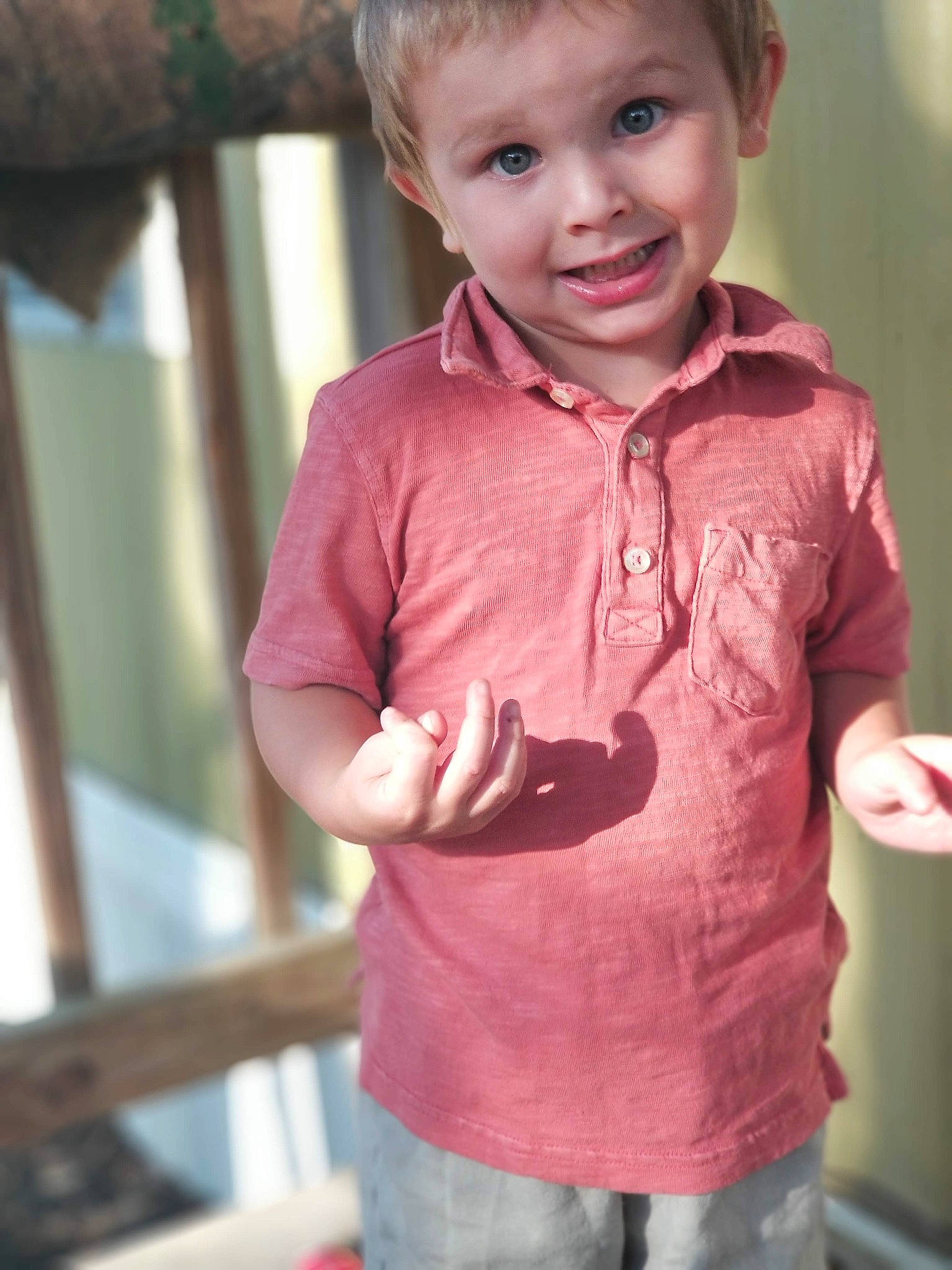 Colton Layne is registered to the contest to win money with this photo: cheek, child, child_model, joy, neck, outerwear, person, pink, skin, sleeve, smile, standing, t_shirt, toddler, top