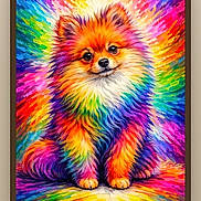 Theodore is registered to the contest to win money with this photo: painting, dog, colorful, art, fluffy, rainbow, portrait, brush_strokes, vibrant, canine, animal_art, digital_art, background, frame, expression, fur, bright_colors, decor, wall_art, creative