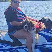 Sammy joined the competition — help win amazing prizes! person, dog, water, jet_ski, life_jacket, sunglasses, outdoor, lake, blue_sky, trees, dock, summer, animal, pet, recreation, vehicle, water_sport, sunny, relaxation, vacation