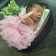 Skiilynn joined the competition — help win amazing prizes! baby, newborn, sleeping, infant, pink_tutu, fairy_wings, wooden_bowl, cushion, curly_hair, face, peaceful, portrait, indoors, soft_lighting, greenery, floor, cute, costume, tulle, resting