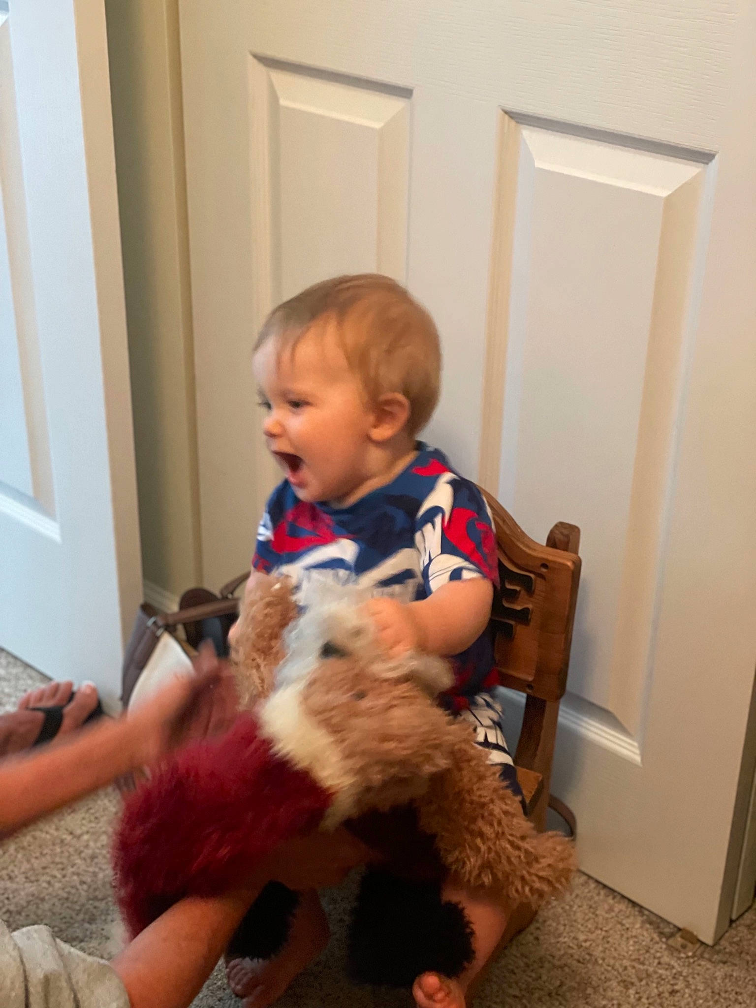 Conner is registered to the contest to win money with this photo: arm, baby, baby_toddler_clothing, carnivore, child, comfort, companion_dog, dog_breed, door, fawn, felidae, floor, flooring, hardwood, lap, person, sitting, skin, small_to_medium_sized_cats, toddler