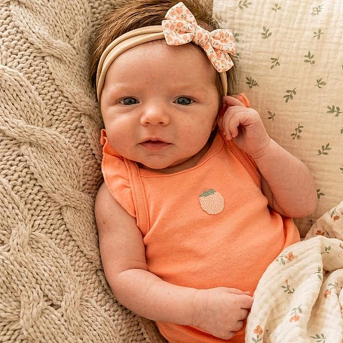Lula is registered to the contest to win money with this photo: baby, infant, headband, onesie, knitted_pillow, blanket, couch, soft_lighting, portrait, child, cute, indoors, smile, relaxed, person, cozy, fabric, pattern, skin, young