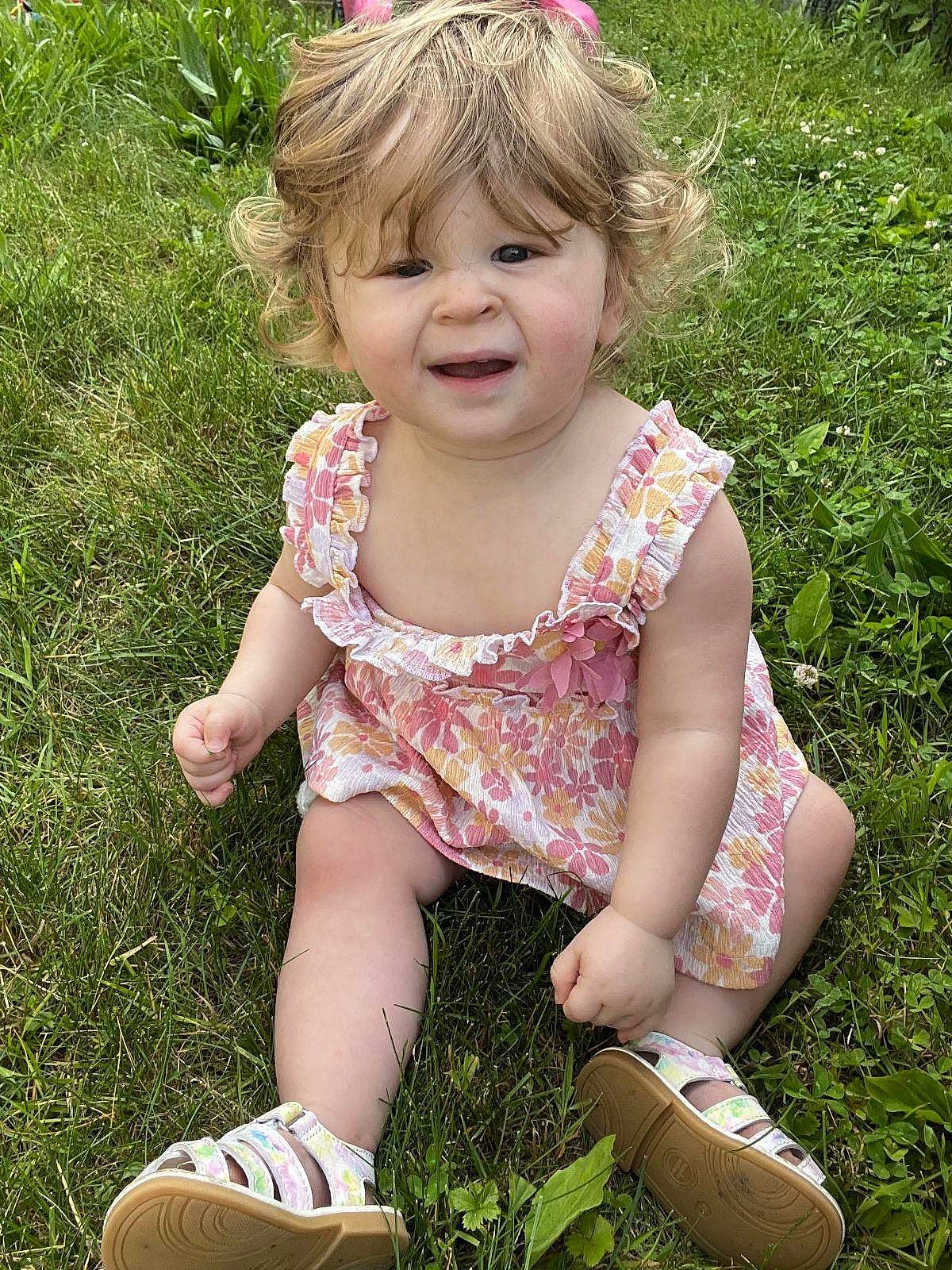 Brooklyn joined the competition — help win amazing prizes! baby_toddler_clothing, beauty, child, eye, fun, grass, grass_family, green, happy, lawn, leaf, meadow, people_in_nature, person, pink, plant, shoe, skin, smile, sunlight