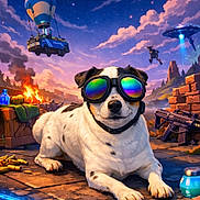 Simba participe au concours pour gagner de l'argent avec cette photo : dog, goggles, animal, battlefield, hot_air_balloon, bus, fire, ammo, weapon, futuristic, ufo, sky, clouds, mountains, person, action, scenery, sunset, colorful, landscape