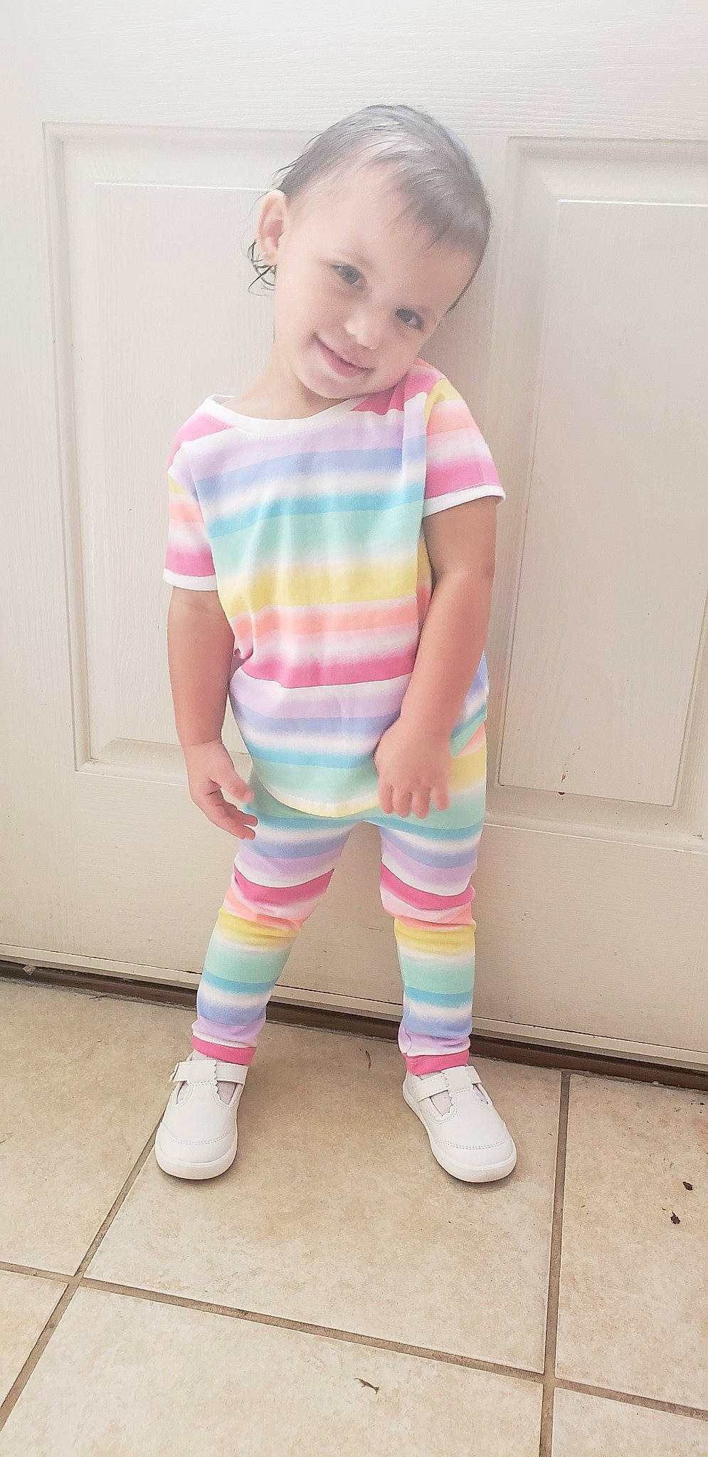 Zariyah is registered to the contest to win money with this photo: baby, baby_toddler_clothing, child, clothing, knee, leggings, pattern, person, pink, play, shoe, skin, sleeve, sportswear, t_shirt, toddler, yellow