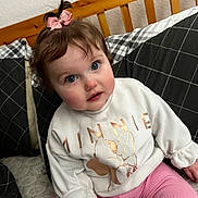 Maisie Elizabeth-Jay is registered to the contest to win money with this photo: baby, bed, bedroom, clothing, couch, crib, cushion, face, furniture, head, homedecor, indoors, infantbed, pants, person, photography, pillow, portrait, sitting, t_shirt