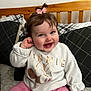 Maisie Elizabeth-Jay joined the competition — help win amazing prizes! baby, bed, bedroom, clothing, couch, crib, cushion, face, furniture, happy, head, homedecor, indoors, infantbed, laughing, pants, person, photography, portrait, room