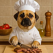 Mabel joined the competition — help win amazing prizes! dog, chef_hat, chef_coat, cutting_board, knife, steak, kitchen, tomatoes, olive_oil, pepper_grinder, cooking, pet, animal, portrait, food_preparation, cute, brown_dog, serious_expression, indoor, counter