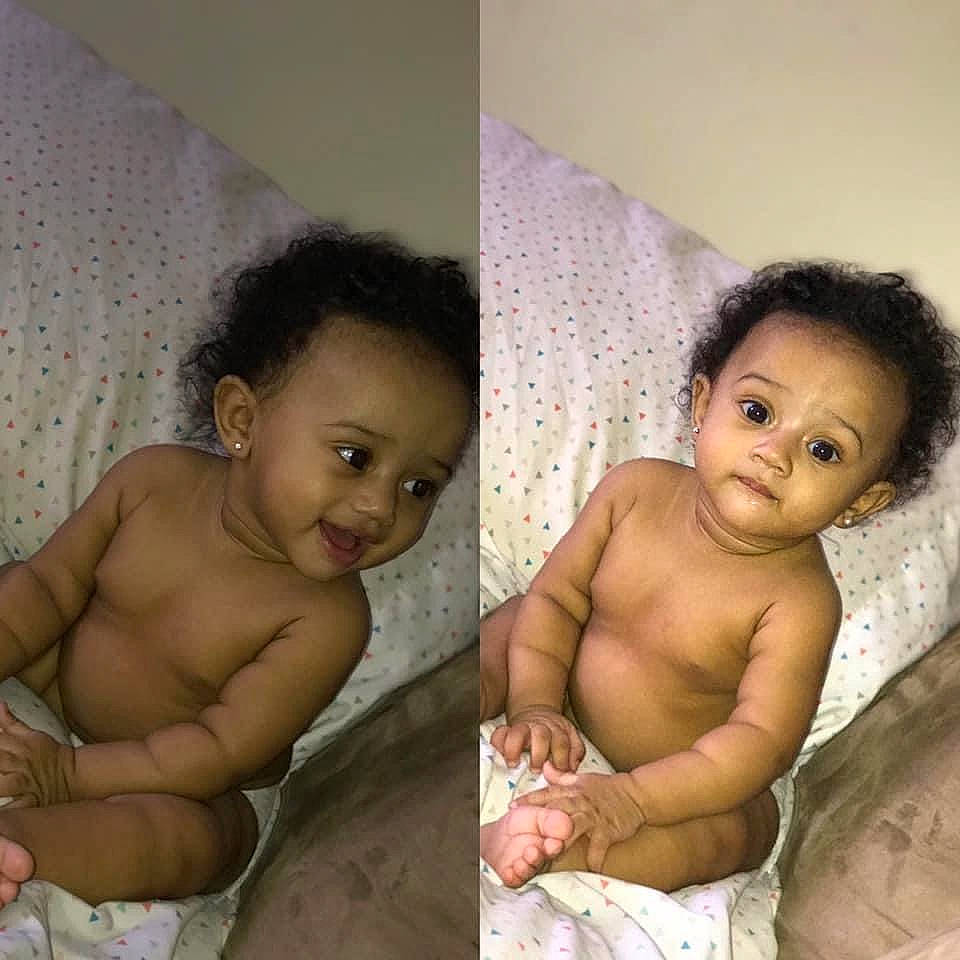 Megan is registered to the contest to win money with this photo: abdomen, baby, black_hair, cheek, chest, eye, eyebrow, forehead, fun, hair, hairstyle, happy, head, human_body, iris, mouth, muscle, nose, person, skin