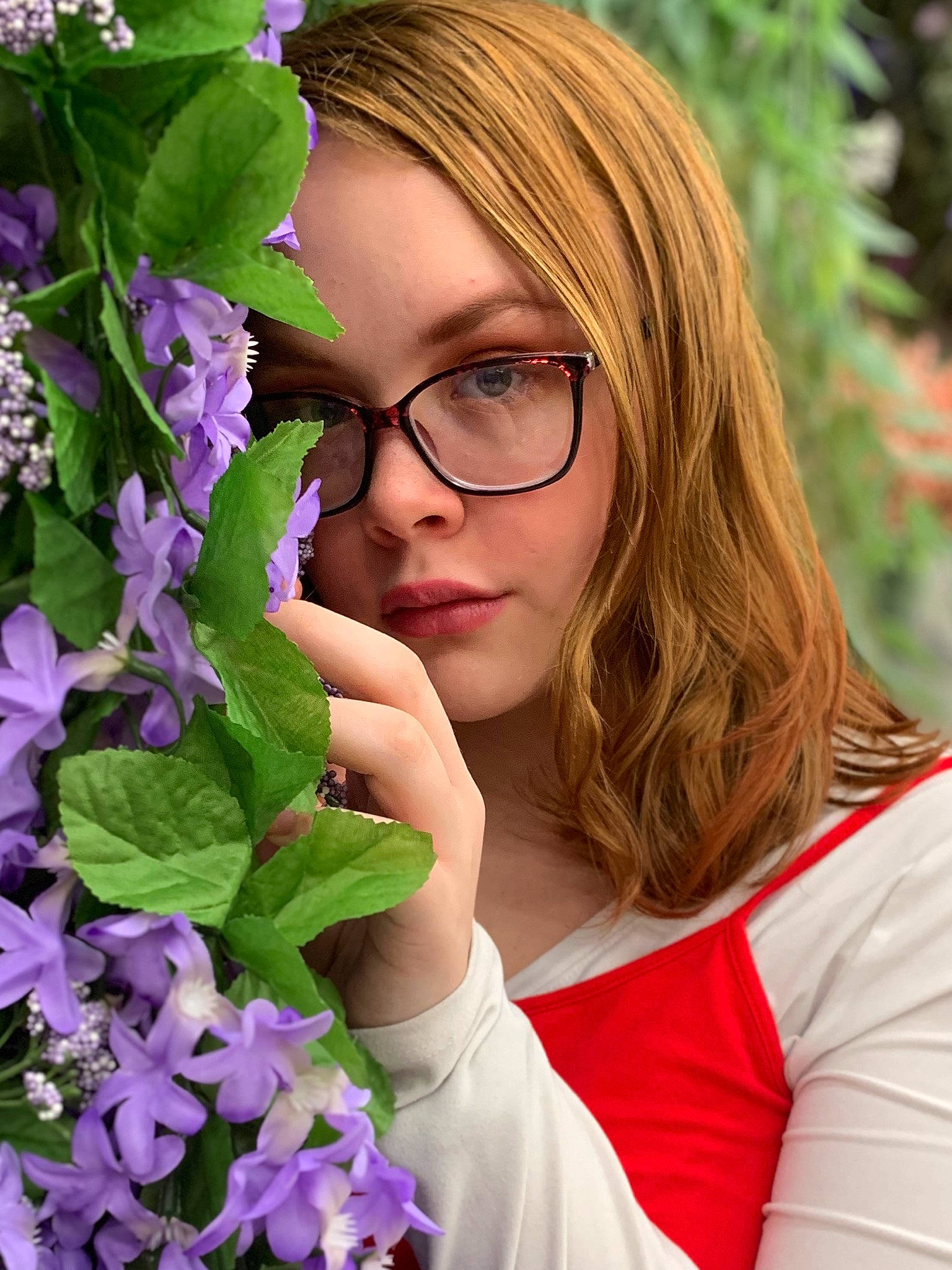 Emilee is registered to the contest to win money with this photo: beauty, blond, botany, brown_hair, eye, eyewear, floral_design, floristry, flower, glasses, iris, lavender, lilac, lip, person, photo_shoot, plant, purple, smile, spring
