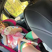 Ruby joined the competition — help win amazing prizes! child, car_seat, stuffed_toy, bunny, pacifier, car_interior, window, sunlight, seatbelt, pink, green_shorts, toy, cute, young_child, sitting, car, daylight, comfort, child_safety, leisure