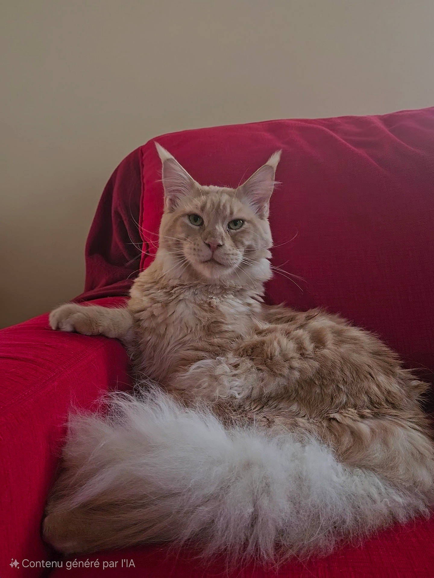Yuki a rejoint le concours — aidez-le/la à gagner de superbes lots ! animal, calm, cat, comfortable, cozy, domestic, ears, feline, fluffy, fur, household, indoor, long_tail, pet, portrait, red_couch, relaxed, resting, sofa, whiskers