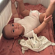 Nélya participe au concours pour gagner de l'argent avec cette photo : baby, baby_garment, baby_toys, blanket, child, crib, cute, indoor, infant, nursery, person, pink_sheet, playful, plush_bunny, resting, sleeping_area, soft_toys, toy, white_clothing, young_child