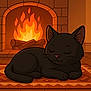 Myrtille a rejoint le concours — aidez-le/la à gagner de superbes lots ! animal, black_cat, cartoon, cat, comfort, cozy, cute, fire, fireplace, home, illustration, indoor, peaceful, pet, relaxing, rug, sleeping, stone_fireplace, warm, wood_floor