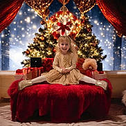 Inés participe au concours pour gagner de l'argent avec cette photo : child, girl, smile, christmas_tree, holiday, presents, festive, gold_dress, sparkle, red_bench, curtains, lights, indoor, happy, celebration, winter, decorations, boots, tights, portrait