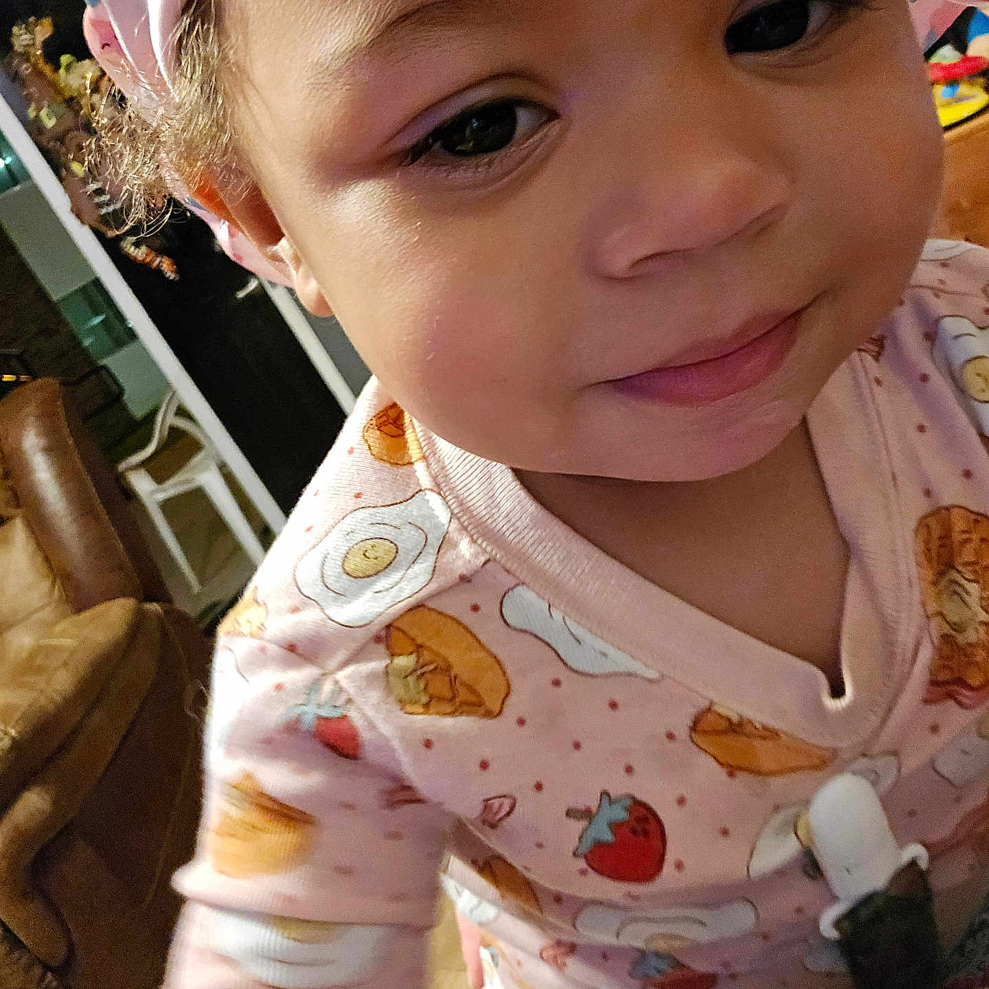 Raleigh is registered to the contest to win money with this photo: accessories, applique, baby, baseballcap, bonnet, cap, clothing, couch, dress, earring, face, furniture, happy, hat, head, pattern, person, photography, portrait, smile