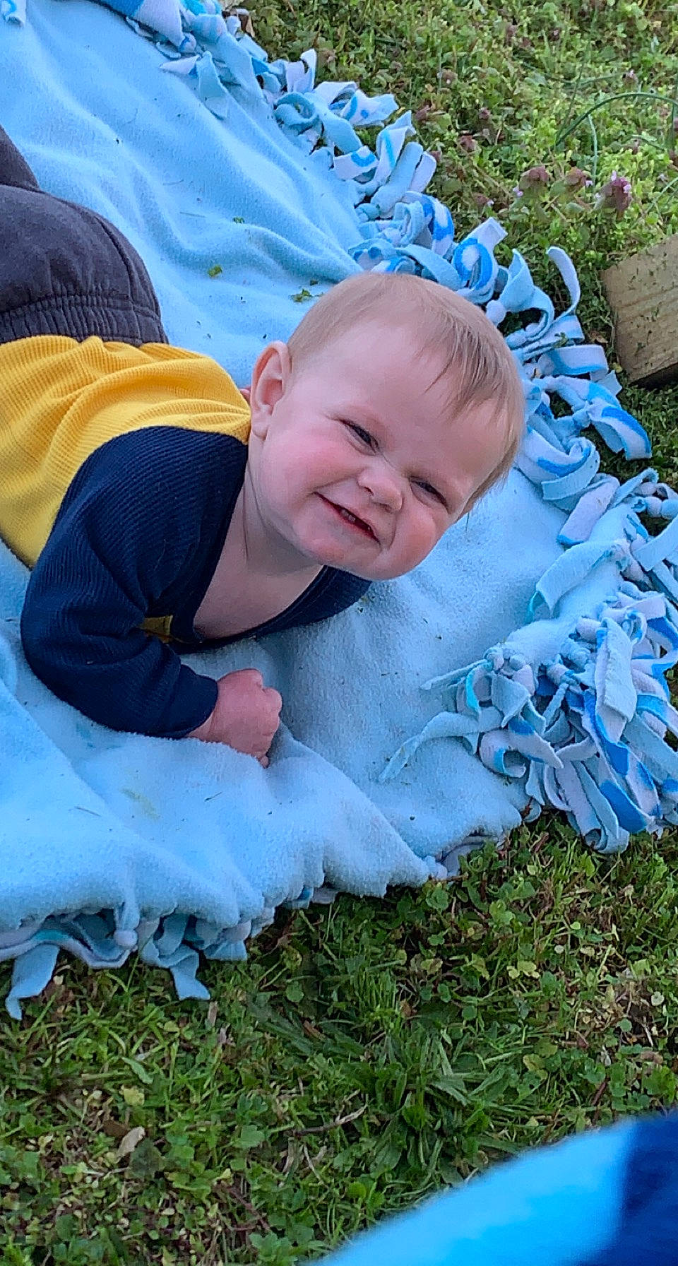 Kacey is registered to the contest to win money with this photo: baby, baby_toddler_clothing, blue, child, electric_blue, fun, grass, grass_family, grassland, groundcover, happy, pattern, people_in_nature, person, plant, sitting, smile, toddler, tree, vacation