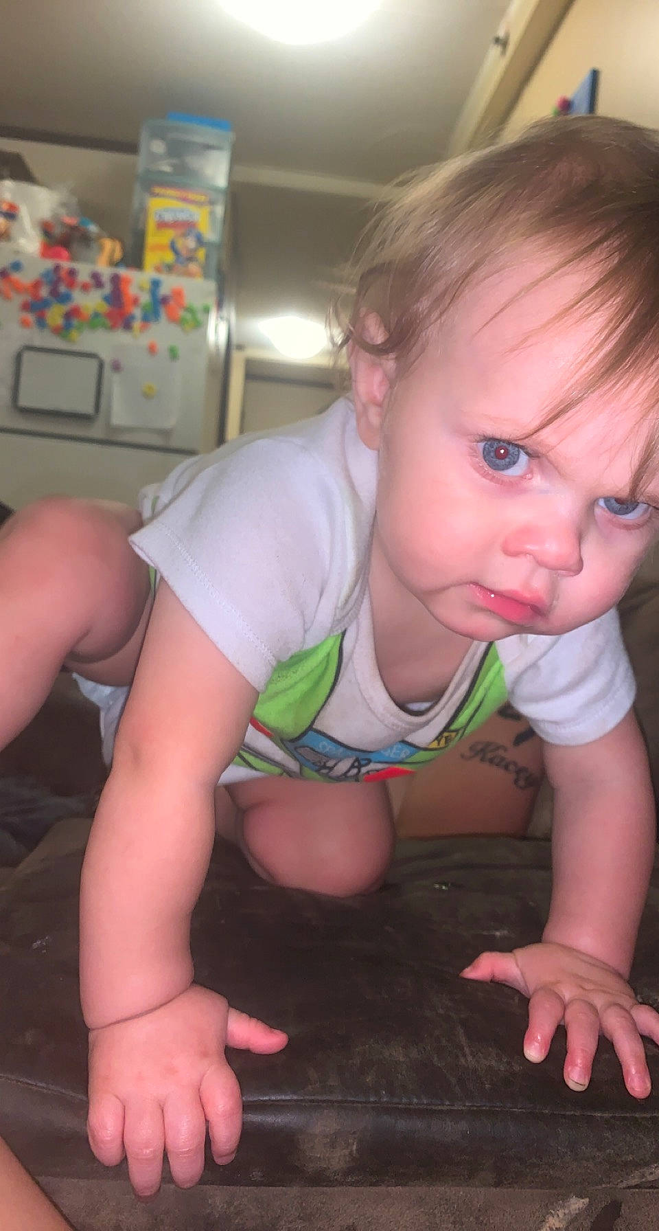 Kacey is registered to the contest to win money with this photo: baby, baby_toddler_clothing, cheek, ear, finger, flooring, hair, human_body, iris, joint, leg, mouth, muscle, nose, organ, person, photograph, skin, sleeve, smile