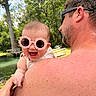 Lainey joined the competition — help win amazing prizes! baby, sunglasses, pink, flower_shaped, man, shirtless, outdoor, nature, trees, water, happy, smiling, child, person, sunny, summer, holding, joyful, greenery, portrait