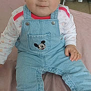 Gurleen participe au concours pour gagner de l'argent avec cette photo : baby, infant, child, denim_overalls, mickey_mouse, sitting, indoor, blanket, cute, portrait, clothing, black_socks, long_sleeve_shirt, face, hair, room, floor, baby_gear, curious, young_child