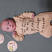 Dennis joined the competition — help win amazing prizes! baby, infant, onesie, milestone_cards, dinosaur, blanket, lying_down, cute, newborn, text_clothing, expression, head, hands, feet, gray_background, soft_lighting, indoor, portrait, child, one_month