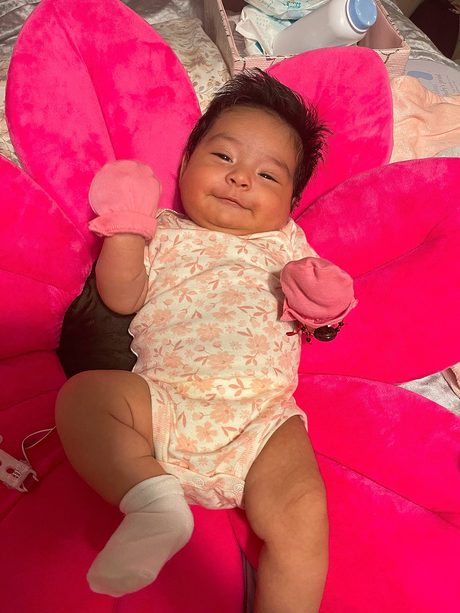 Aiyanna is registered to the contest to win money with this photo: abdomen, baby, baby_toddler_clothing, barefoot, black_hair, chest, comfort, eye, finger, happy, magenta, mouth, person, pink, red, skin, smile, textile, thigh, toddler