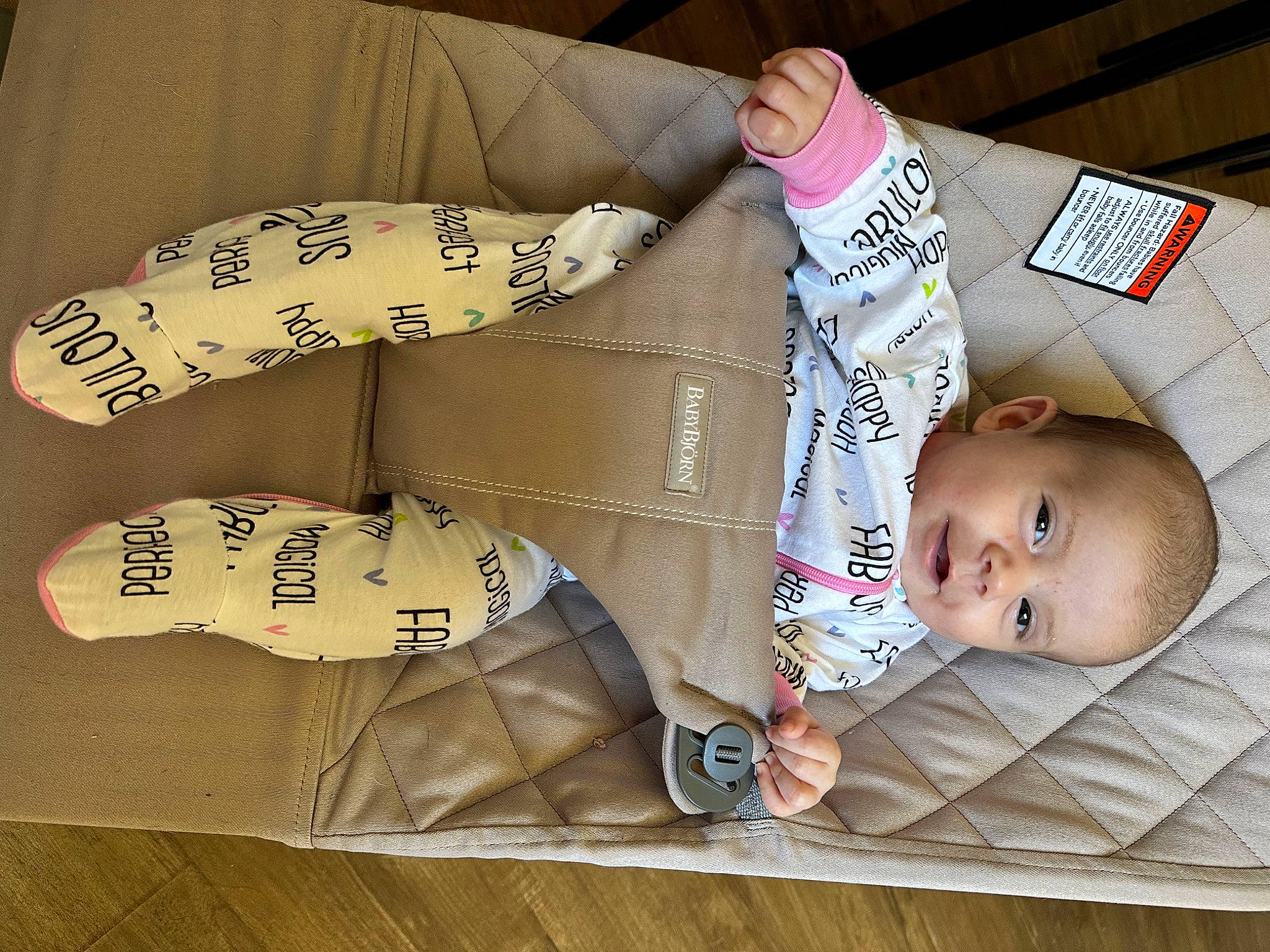 Allani is registered to the contest to win money with this photo: baby, baby_products, baby_safety, baby_sleeping, baby_toddler_clothing, bedding, carmine, child, comfort, couch, fashion_accessory, font, foot, human_leg, linens, pattern, person, room, sleeve, toddler