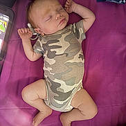 Elizah is registered to the contest to win money with this photo: baby, sleeping, infant, camouflage_clothing, onesie, purple_blanket, smartphone, indoor, peaceful, relaxed, child, person, baby_clothes, soft_surface, newborn, lying_down, cute, small_hands, small_feet, head