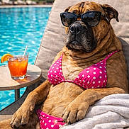 Gigi joined the competition — help win amazing prizes! dog, bikini, sunglasses, poolside, lounging, drink, beverage, relaxation, summer, sunny, outdoor, chair, towel, water, swimming_pool, pet, funny, vacation, animal, leisure