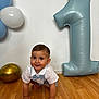 Lawson participe au concours pour gagner de l'argent avec cette photo : baby, child, boy, crawling, balloons, birthday, number_one, crown, wooden_floor, white_shirt, blue_bow_tie, celebration, party, indoor, smiling, face, hands, feet, decorations, happy