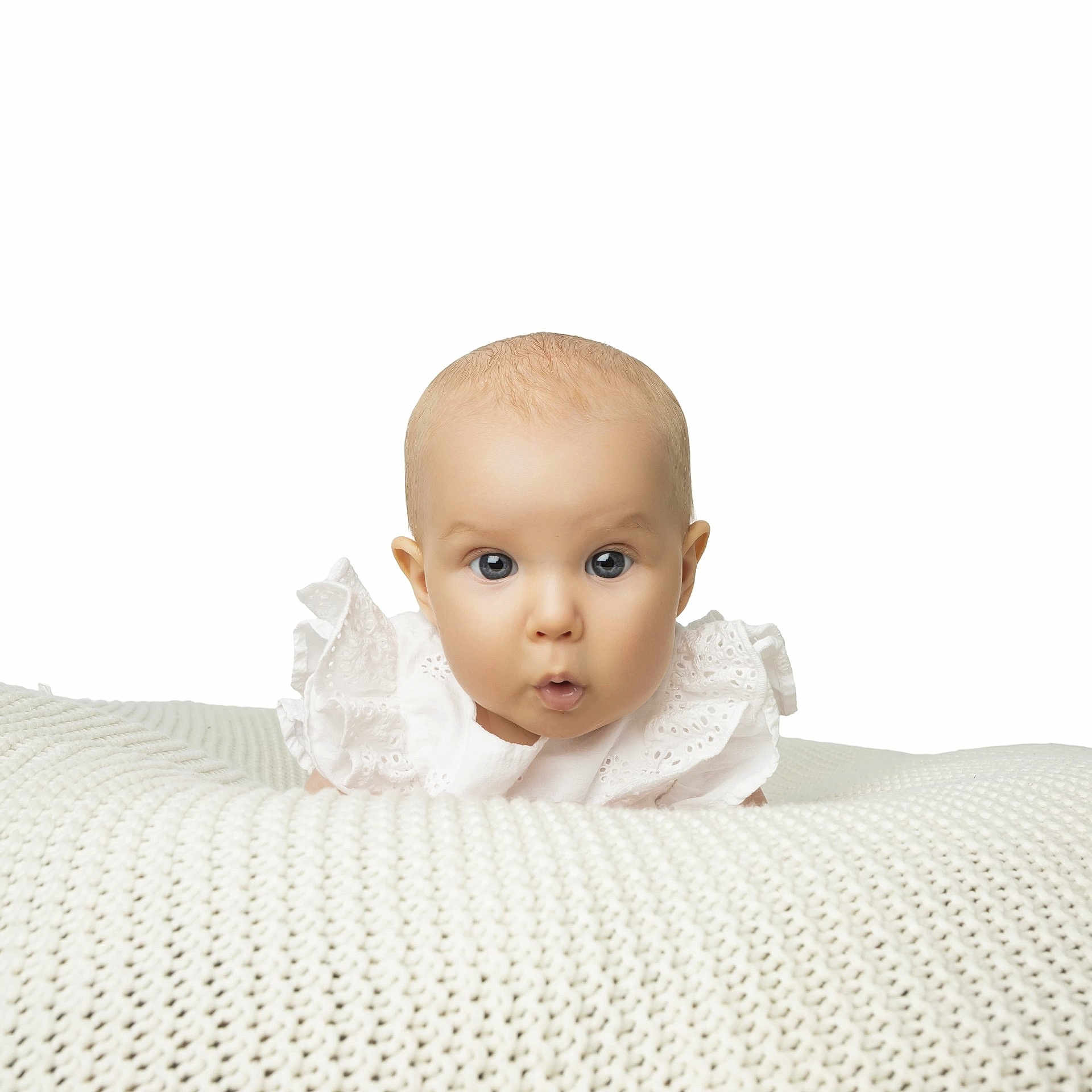 Lily Rose joined the competition — help win amazing prizes! adorable, baby, blanket, child, cute, face, head, infant, isolated, knit_texture, lace, peeking, portrait, soft_lighting, studio, surprised_expression, white_background, white_clothing, wide_eyes, young