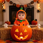 Lyam Carlo joined the competition — help win amazing prizes! baby, pumpkin_costume, jack_o_lantern, halloween, child, cute, holiday, autumn_leaves, hay_bale, ghost_decoration, festive_lights, smiling, indoor, floor, costume, orange, decorations, holiday_season, celebration, portrait