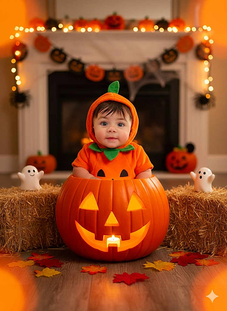 Lyam Carlo joined the competition — help win amazing prizes! baby, pumpkin_costume, jack_o_lantern, halloween, child, cute, holiday, autumn_leaves, hay_bale, ghost_decoration, festive_lights, smiling, indoor, floor, costume, orange, decorations, holiday_season, celebration, portrait