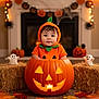 Lyam Carlo joined the competition — help win amazing prizes! baby, pumpkin_costume, jack_o_lantern, halloween, child, cute, holiday, autumn_leaves, hay_bale, ghost_decoration, festive_lights, smiling, indoor, floor, costume, orange, decorations, holiday_season, celebration, portrait