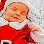 baby, child, sleeping, santa_claus, red_clothing, white_fur, belt, hat, hand, face, blanket, fur_texture, cute, holiday, christmas, portrait, infant, soft, resting, cozy