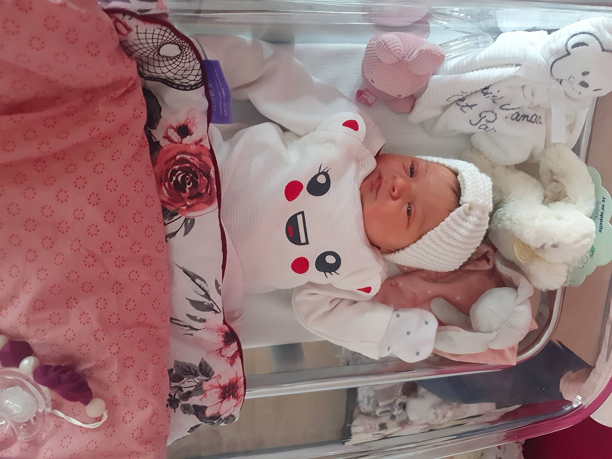 Ambre participe au concours pour gagner de l'argent avec cette photo : baby, baby_products, baby_safety, baby_toddler_clothing, bedding, carmine, child, comfort, headwear, linens, pattern, person, pink, product, room, sleeve, textile, toddler