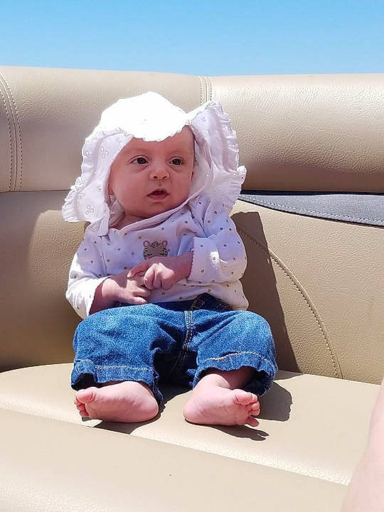 Audree is registered to the contest to win money with this photo: blue, child, girl, headwear, human_positions, infant, person, product, sitting, skin, spring, toddler