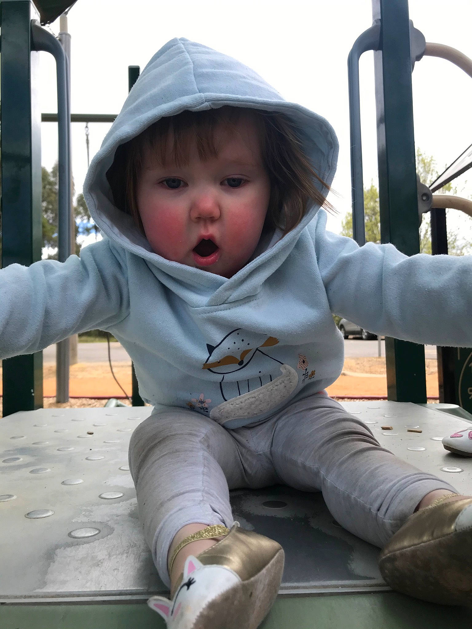 Amelia is registered to the contest to win money with this photo: baby, child, person, play, playground, playground_slide, public_space, surprise, toddler