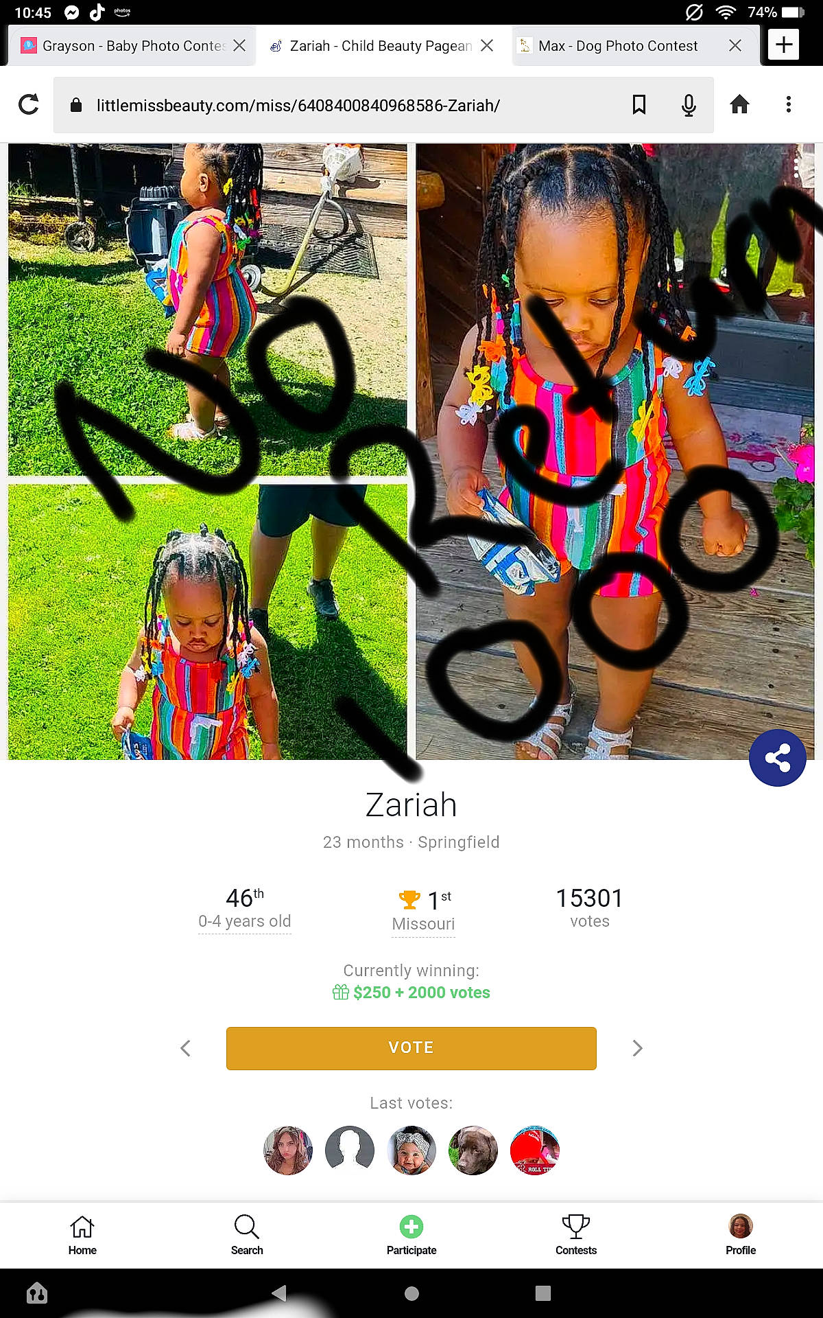 Makayla is registered to the contest to win money with this photo: adaptation, brand, child, circle, fashion_accessory, font, fun, graphic_design, graphics, happy, headwear, logo, magenta, person, photograph, play, recreation, screenshot, sharing, snapshot