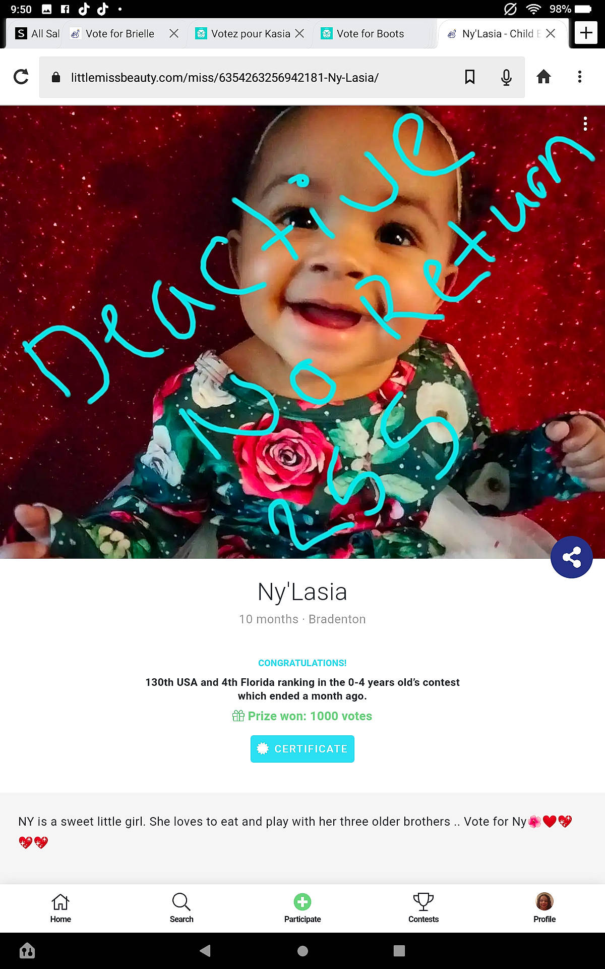 Makayla joined the competition — help win amazing prizes! advertising, electronic_device, font, gadget, graphic_design, happy, magenta, media, multimedia, multimedia_software, online_advertising, person, photo_caption, product, red, screenshot, software, technology, toddler, web_page