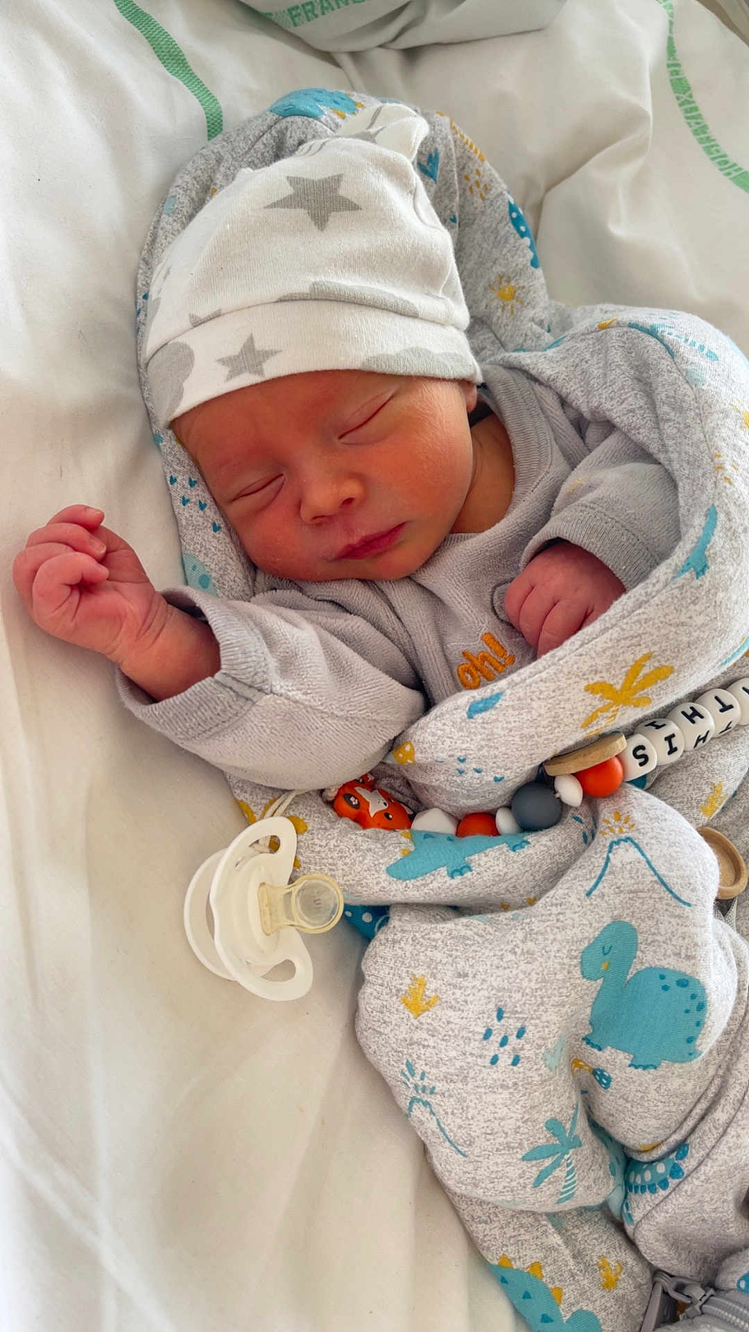 Mathis participe au concours pour gagner de l'argent avec cette photo : newborn, baby, sleeping, blanket, hat, pacifier, dinosaur_pattern, cozy, infant, cute, wrapped, bed, resting, soft, clothing, peaceful, small_hands, nursery, indoors, child